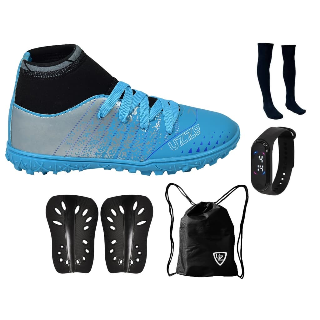 Chuteira Society Botinha Cano Alto Infantil Nova Sossiete Sintético Meião Caneleira Relógio Mochila