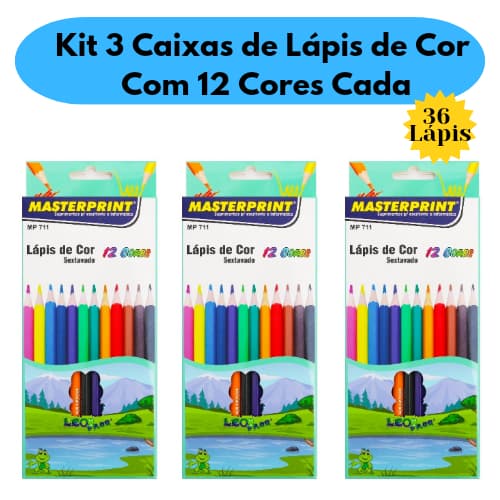 Kit 3 Caixas de Lápis de Cor 12 Cores Sextavado 36 Lápis Escolar Resistente Masterprint