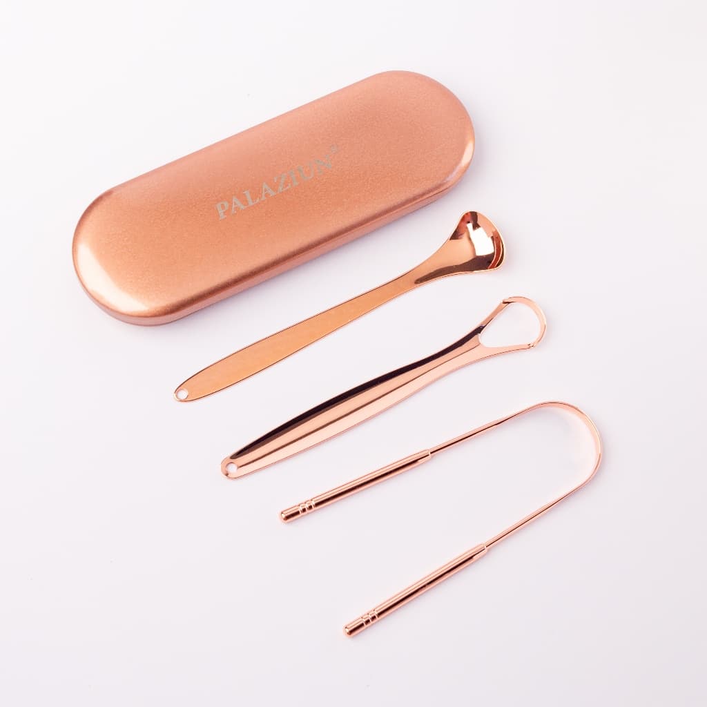 Kit Raspador Limpador de Língua de Cobre 100% Puro Com Estojo Higienizador Lingual Palaziun