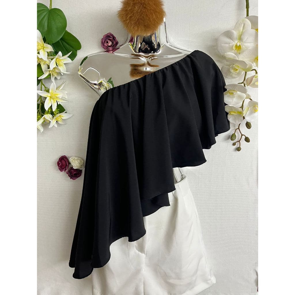 T012 Camisas sem gola e assimétricas, camisas sólidas com babados e forradas