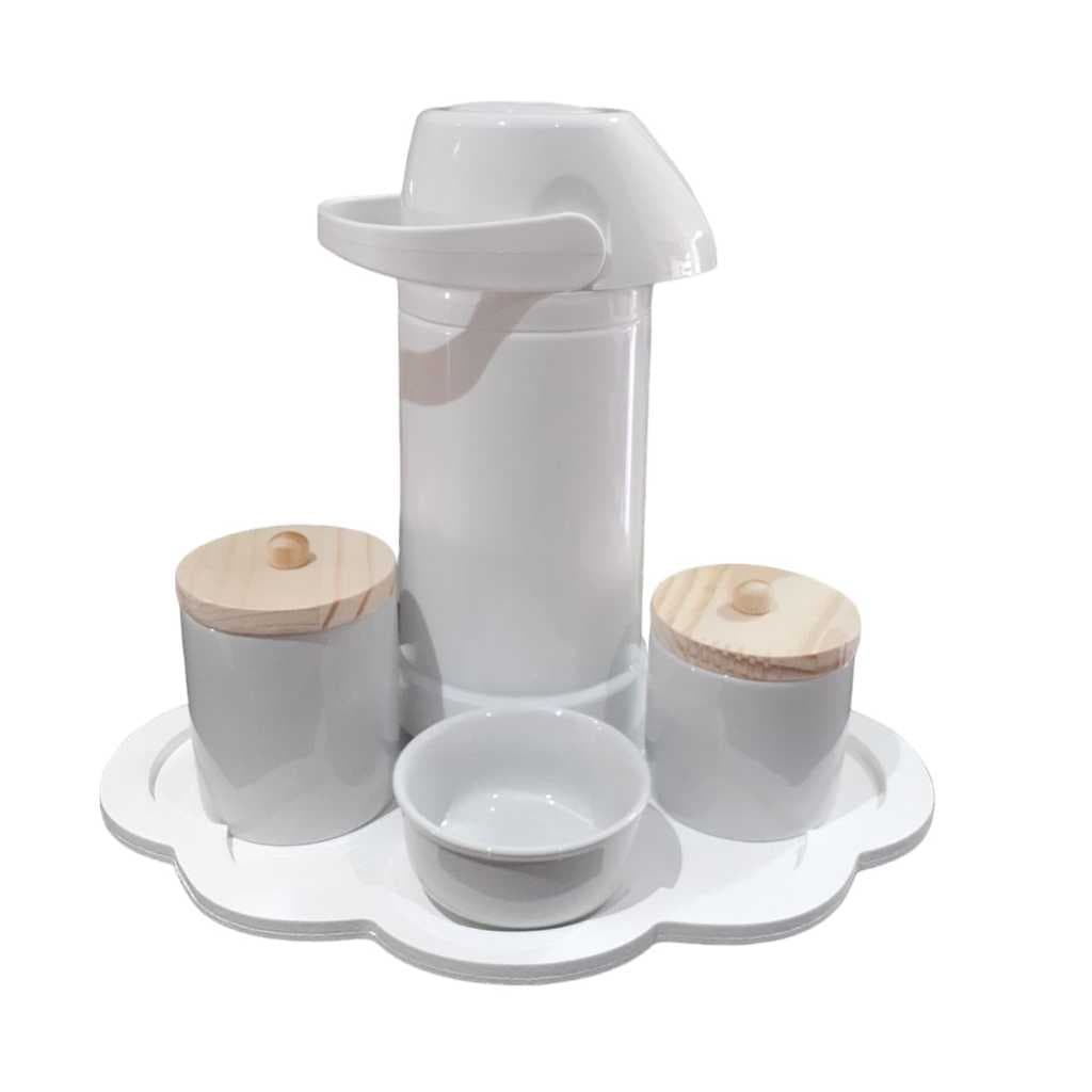 Kit Higiene Bebê porcelana branca potes com tampa garrafa grande pressão 1 litro bandeja nuvem completo