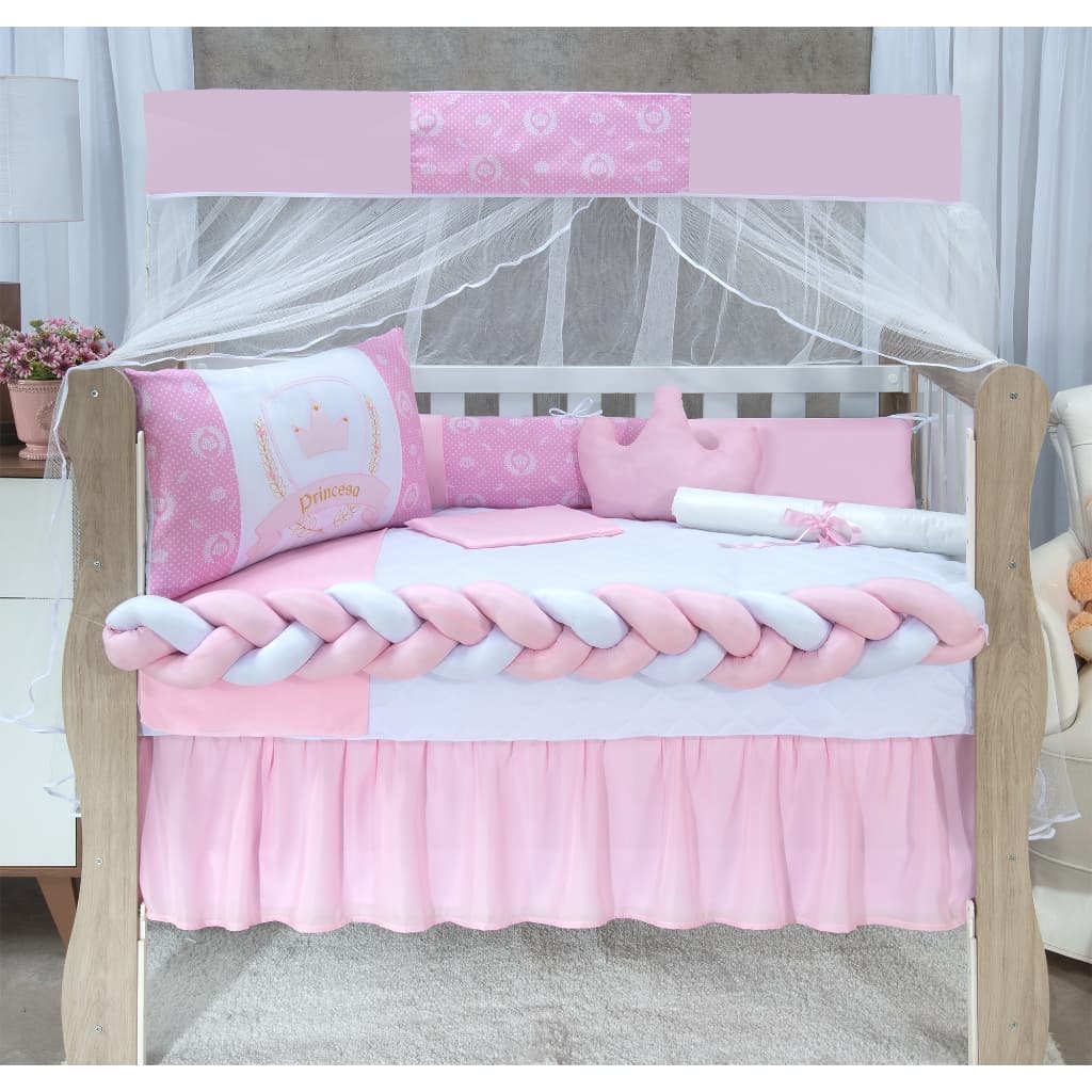 Kit Berço Americano Trança 11 Peças Princesa Rosa Para Bebê  Menino e Menina