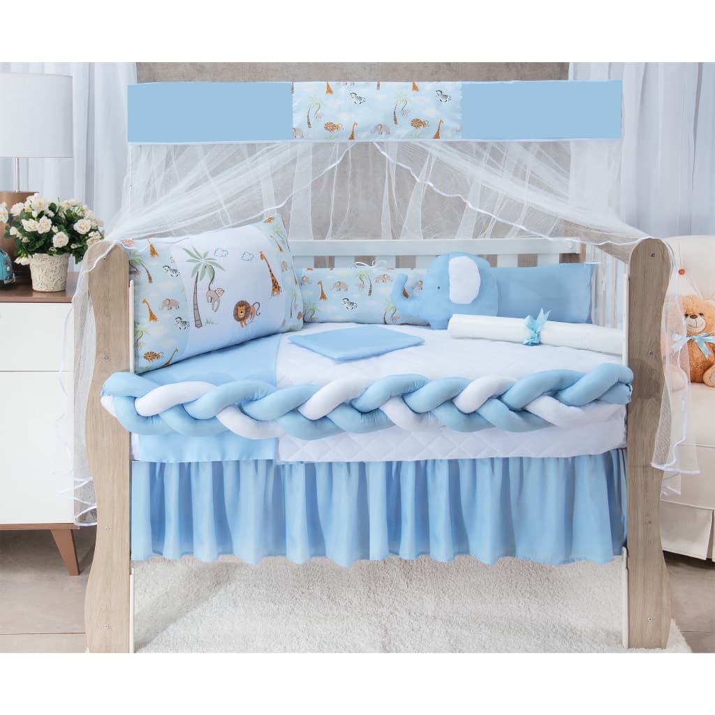 Kit Berço Americano Trança 11 Peças Safari Azul Para Bebê  Menino e Menina