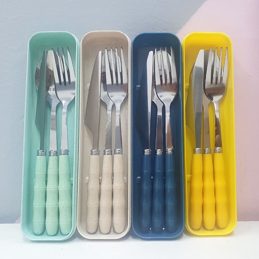 Kit Talher 3pc Inox Estojo Garfo Faca Marmita Viagem