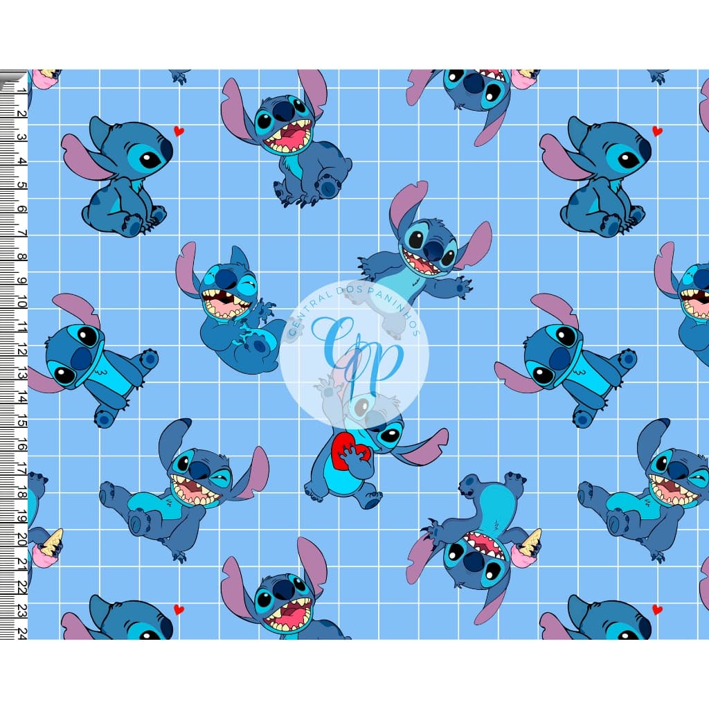 Tecido tricoline, microfibra ou gabardine - Stitch - coração - fundo grid - 0.50CM