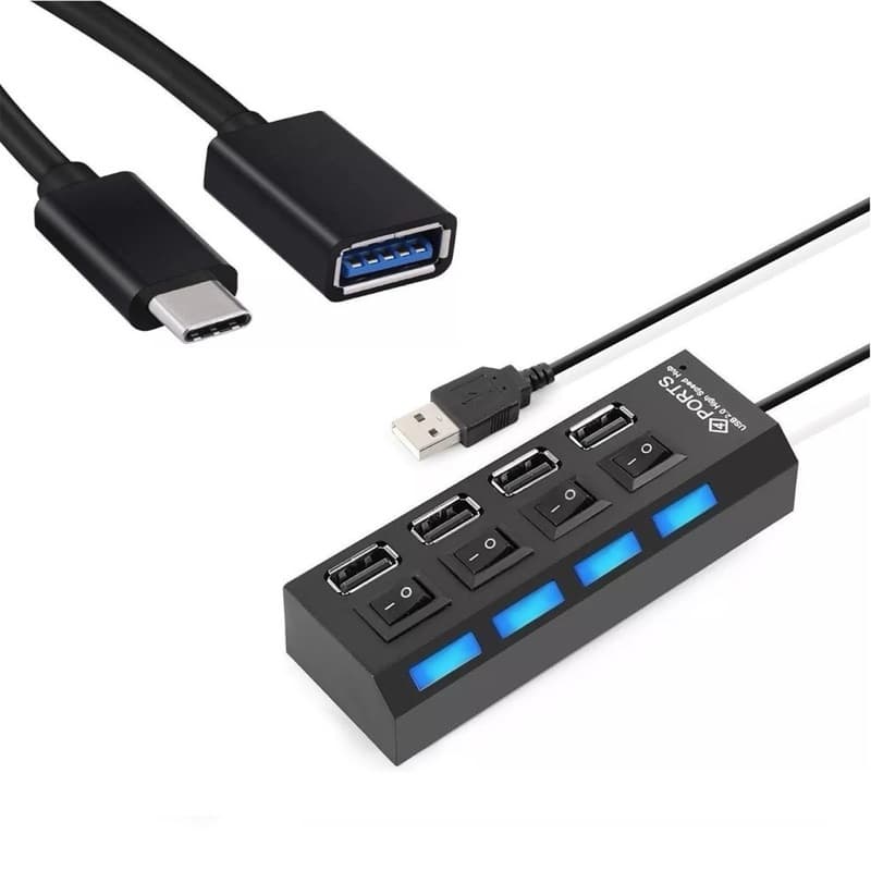 Adaptador Hub 4 Portas + Cabo Otg Usb C Mouse Teclado Impressora Pen Drive Tipo C + Hub