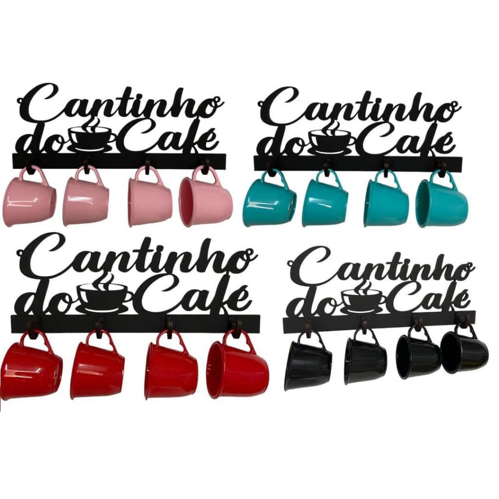 Suporte de Parede + 4 Xícaras de Acrílico Cantinho do Café Chá Chaveiro Gancho