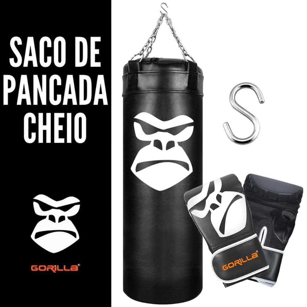 Kit Saco de Pancada Cheio Gorilla 90x100cm Original + Luva Bate saco PRÓ Adulto Boxe Muay Thai