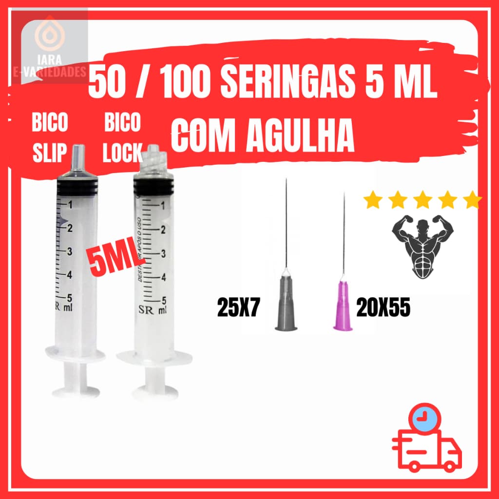 50 / 100 Unidades de Seringa de 5ml Slip ou Lock com agulha com 25x7 (Cinza/ Preta) ou 20x55 (Roxa / Lilas)