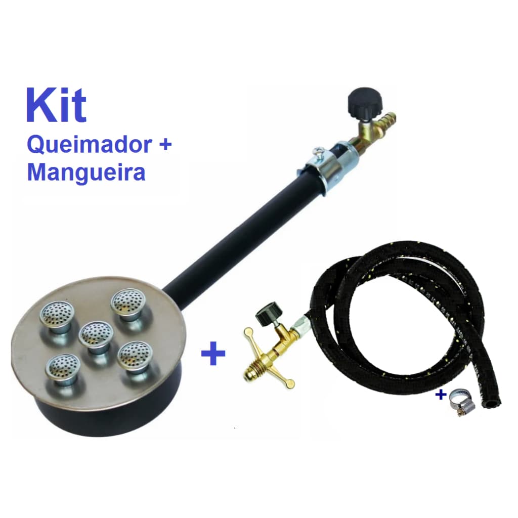 Kit Queimador Inox C/ Mangueira 1m P/ Botijão P13 E Registro