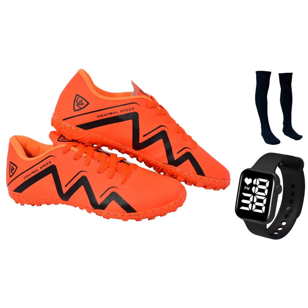 Chuteira Society Nova Adulto Infantil 1000 Campo Sintético Confortável Costurado + Meião Relógio