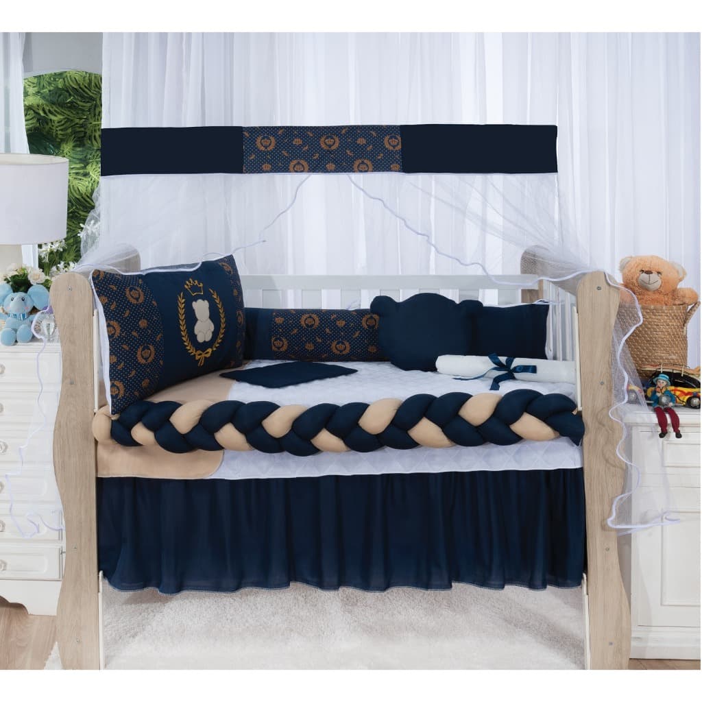 Kit Berço Americano Trança 11 Peças Urso Coroa Luxo Completo Para Bebê