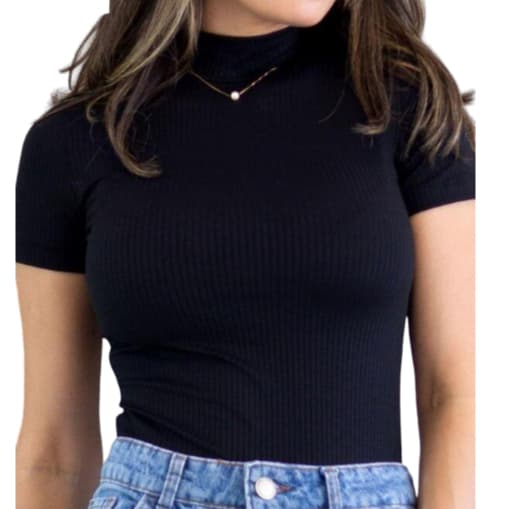 BASICA Blusa Canelada Gola Alta Manga Curta Moda Femininaa