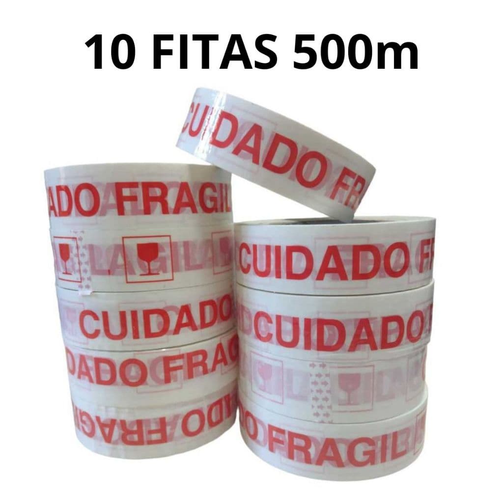 Kit 10 Fita Adesiva Cuidado Fragil 500m Larga Para Embalar - Importada