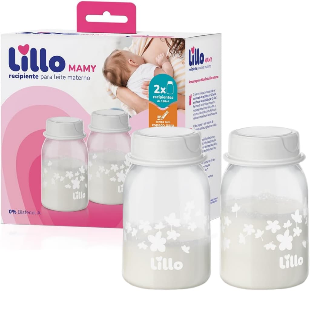 Recipiente para Armazenar Leite Materno Lillo 120mL com Tampa Vedação e Área para Anotação Kit 2 un