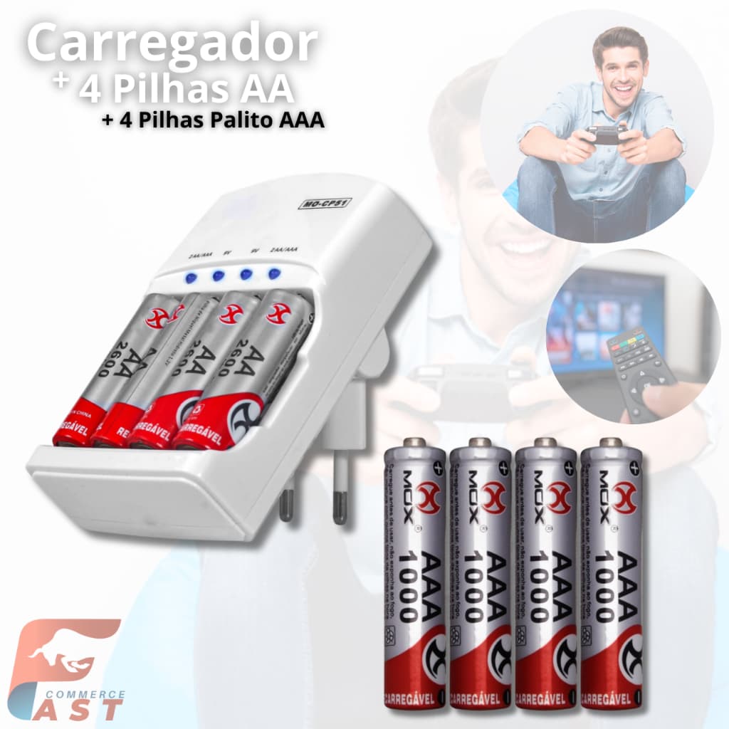 Carregador Mox + 4 pilhas AA 2600mAh + 4 pilhas AAA 1000mAh