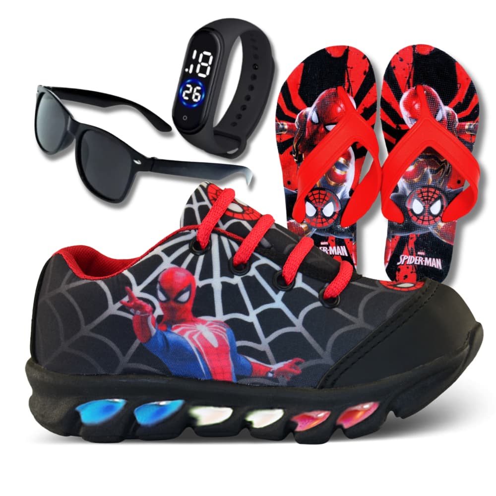 Tênis de LED Infantil Masculino Homem Aranha Com Chinelo Mais Relógio e óculos presente natal