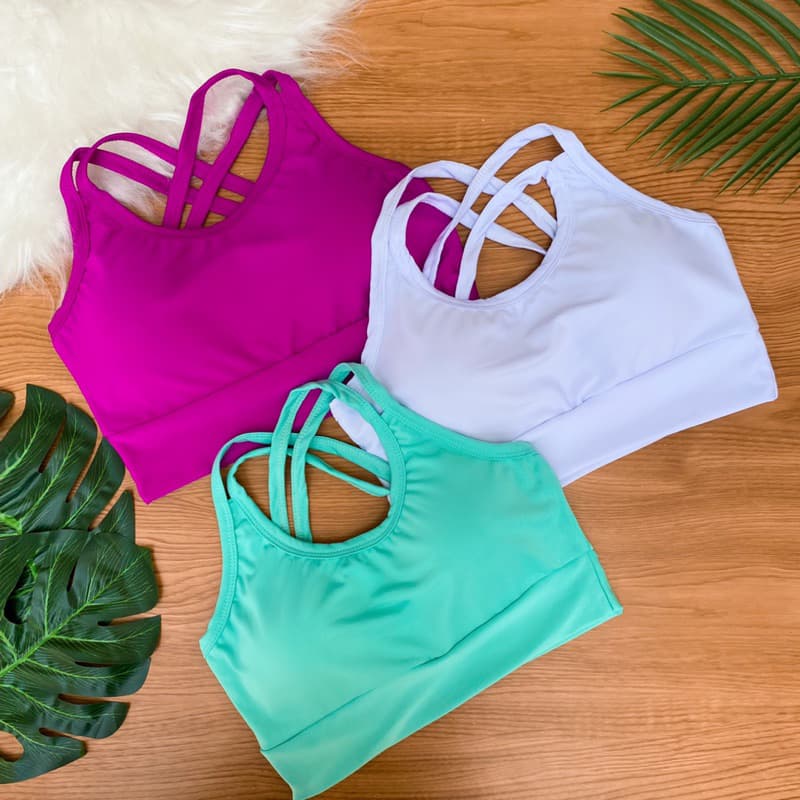 Cropped Top Academia Fitness Alcinha Dupla com Bojo Removível Feminino Cruzado nas Costas