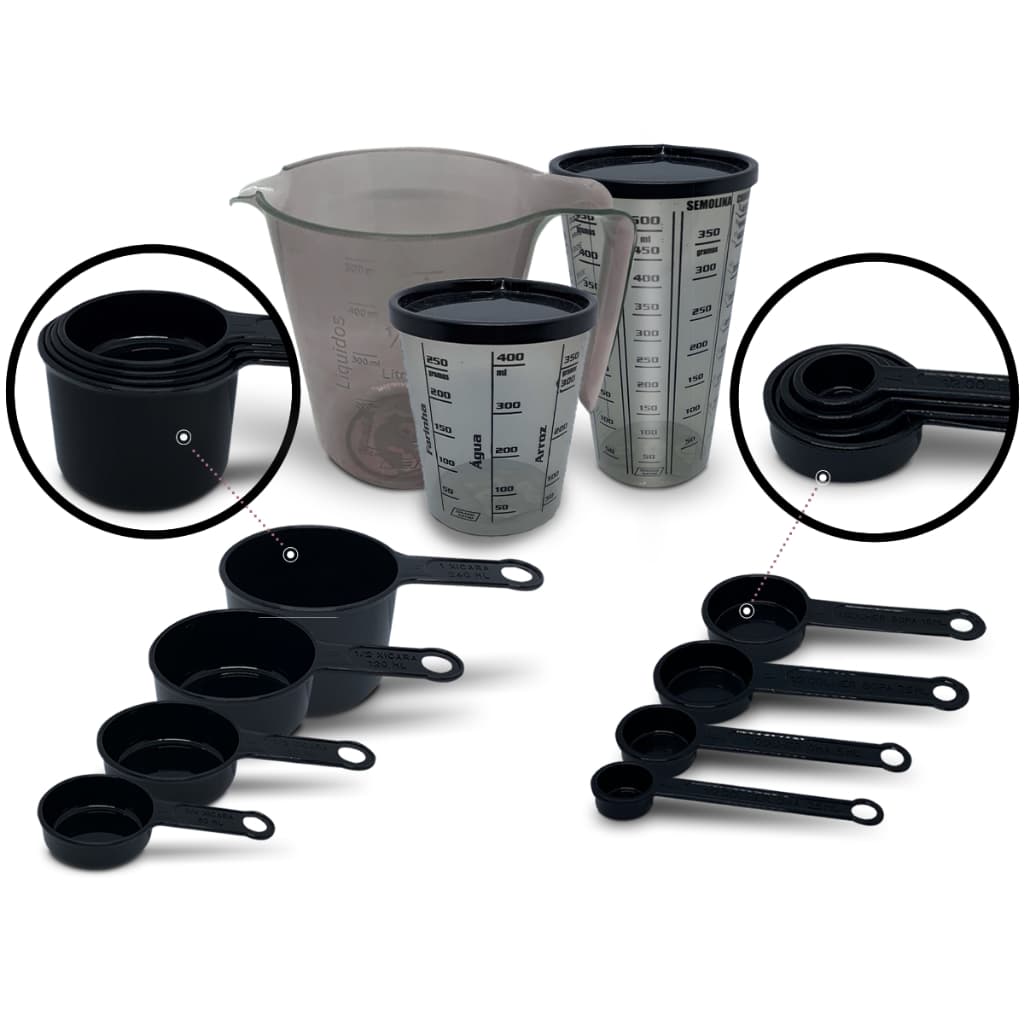 Kit's Medidas 11 Peças Com Jarra 500ml, Copo (Com Tampa), Copo Pequeno (Com Tampa), Xicara e Colheres Preto. Resistentes
