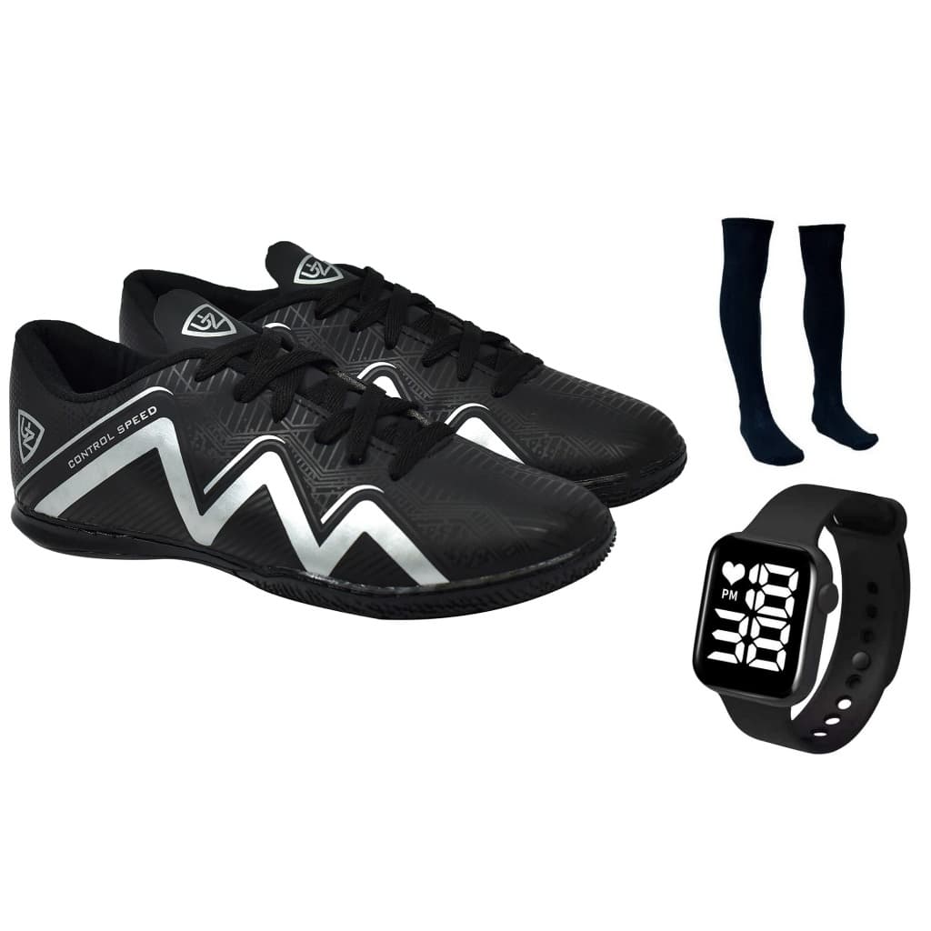 Chuteira Futsal Salão Quadra Nova 1000 Adulto Infantil Confortável Solado Costurado + Meião Relógio