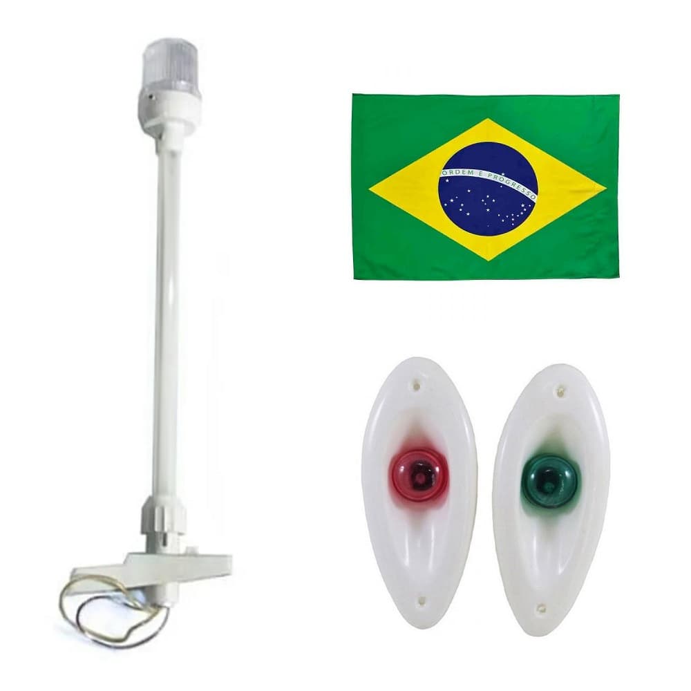 Kit Luzes de Navegação: Olho de Tubarão Branco Led + Mastro Retrátil Branco 40 cm em Led Alcançado Fundeio + Bandeira do Brasil - Para Barcos Lanchas e Veleiros
