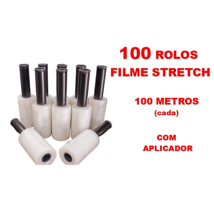 100 Rolos Filme Stretch C/ Cabo Adaptador (10cm) 100 Metros (cada)