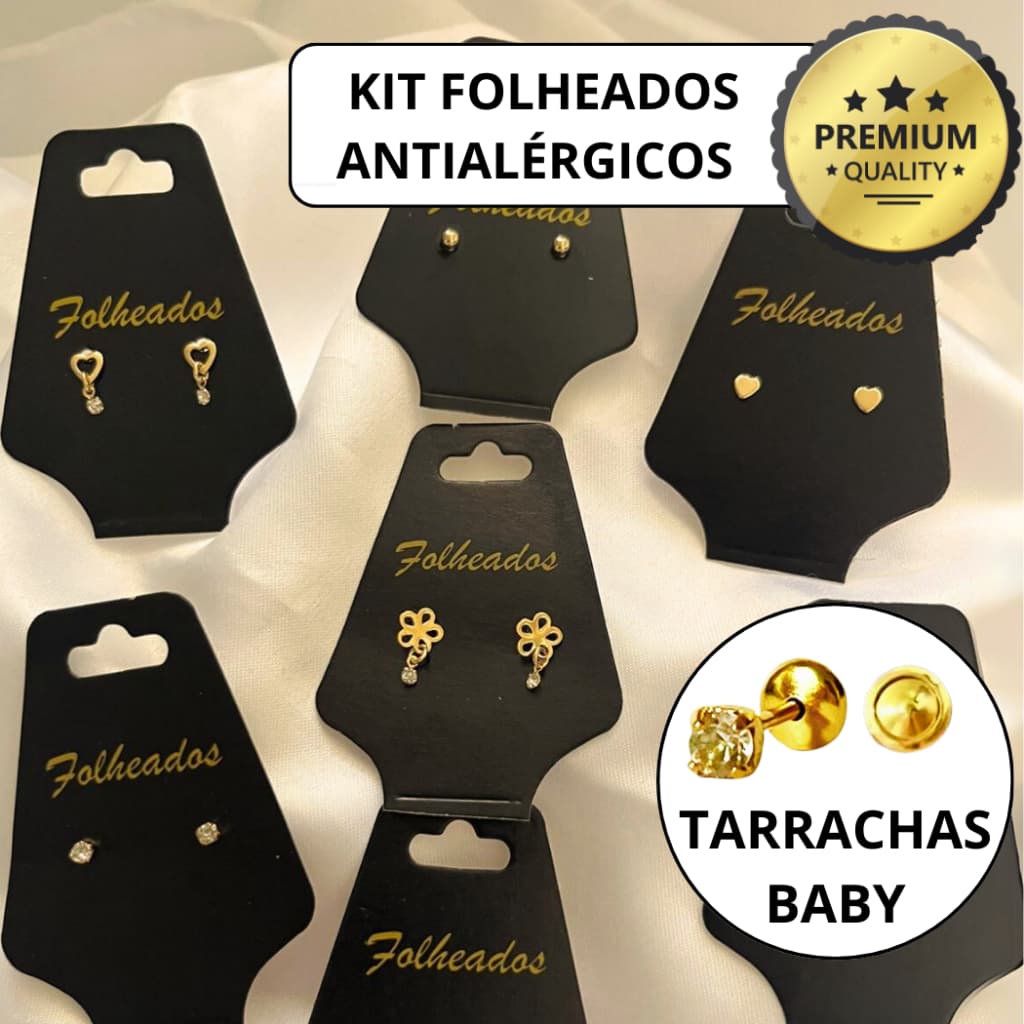 Kit 5 Pares Brincos Infantil Tarraxa Baby Folheados a ouro Antialergico Sortidos Tarracha Criança Garantia Atacado Promoção