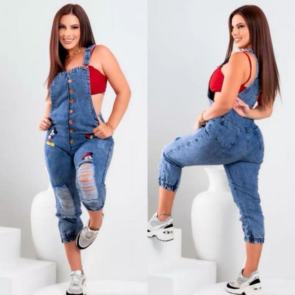 Jardineira fashion Jeans sem Lycra Mickey Lançamento