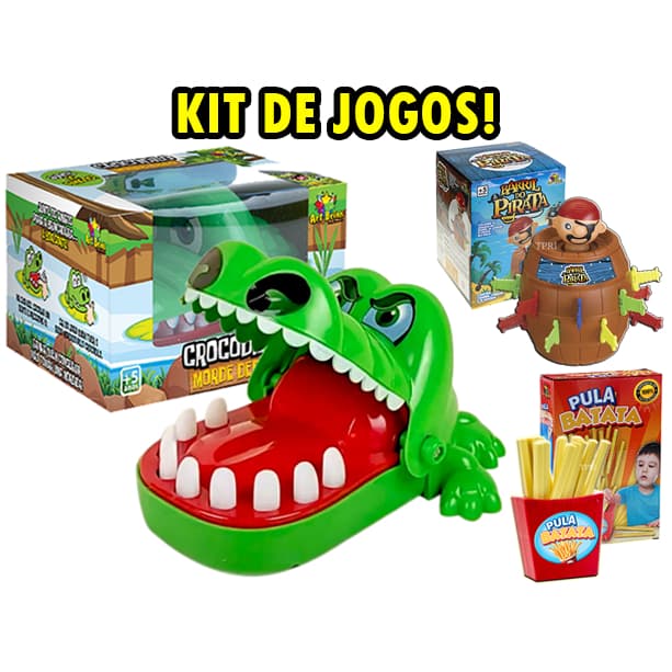 KIT BRINQUEDOS INFANTIS CROCODILO DENTISTA MORDE DEDO JACARÉ APERTA DENTE ORIGINAL GRANDE JOGOS INTERATIVOS DE MESA TABULEIROS EDUCATIVOS PARA CRIANÇAS BARRIL PIRATA + PULA BATATA + PINGUIM QUEBRA GELO + TIRA VARETAS + QUEM SOU EU MENINO MENINA