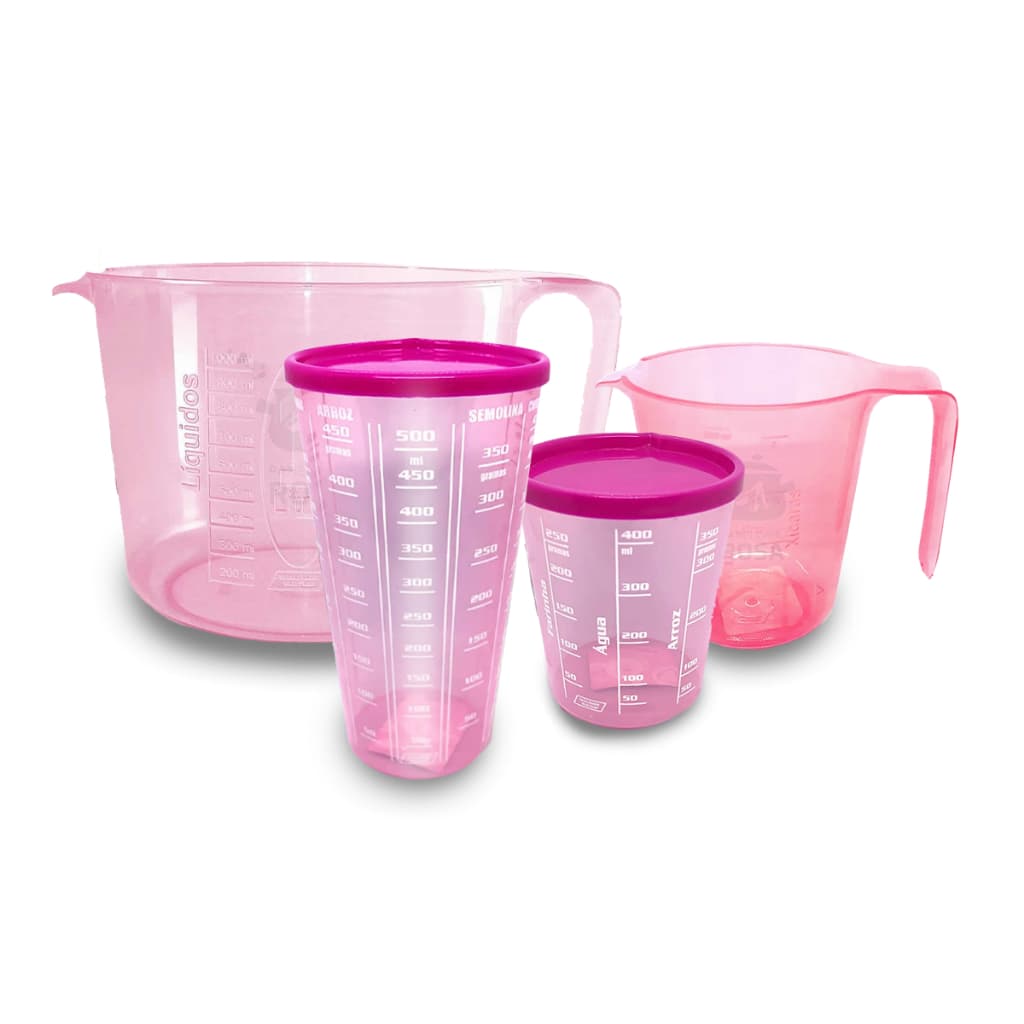 Kit's Medidas 4 Peças Com Jarra 1000ml, Jarra 500ml, Copo (Com Tampa) e Copo Pequeno Rosa (Com Tampa). Resistentes