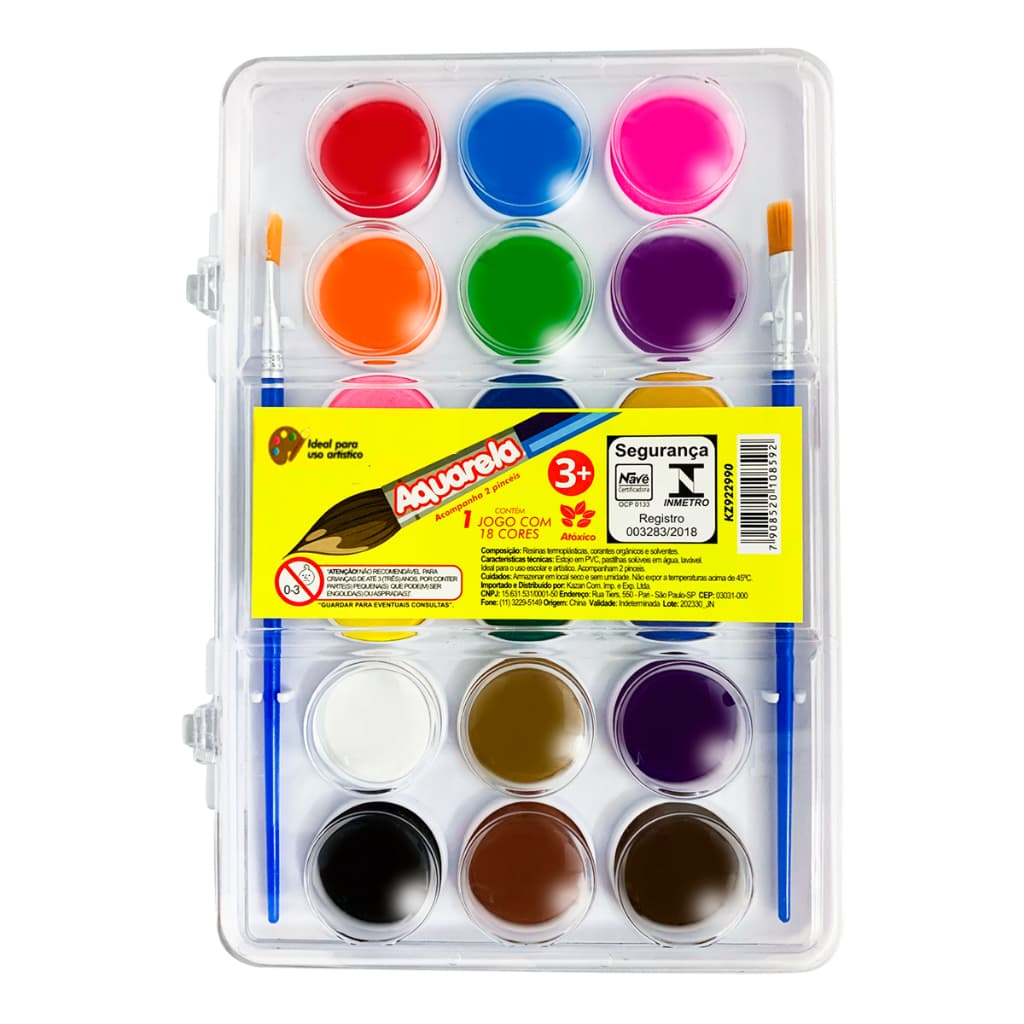 Aquarela Kit Pintura Estojo com 18 Cores + 2 Pinceis Pastilha Escolar