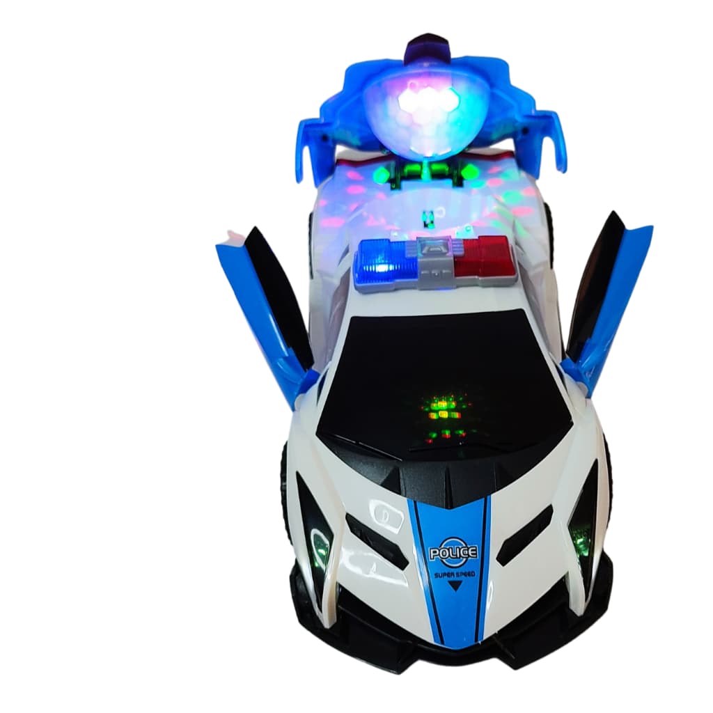Carrinho Policia Anda Emite Luz E Som Gira 360° Abre Portas Bate e volta