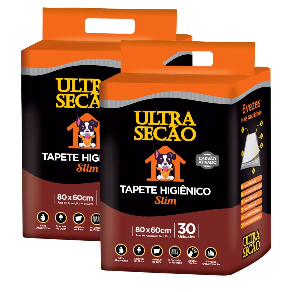 KIT 2 Tapetes Higiênicos 80x60 Ultra Secão Carvão Ativado para Cães Cachorro Pets Grande 60 unidades