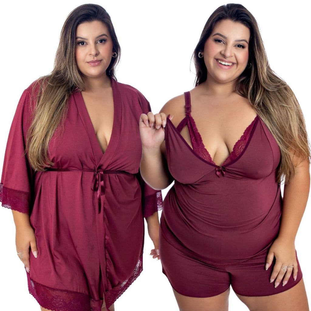 Baby Doll Amamentação Com Robe de Romantic e Renda Plus-Size
