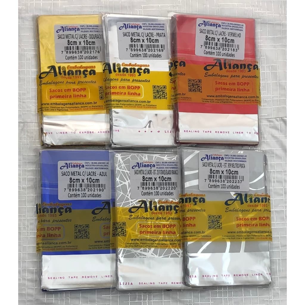 100 Sacos de presente 8x10cm metalizado adesivado para bijuteria