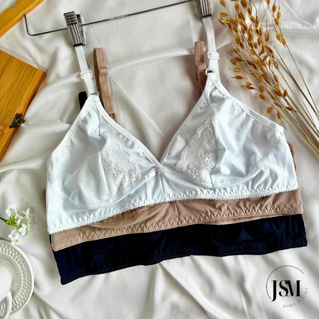 KIT 3 Sutiãs Cores Neutras Sem Bojo Com Renda Conforto Basico