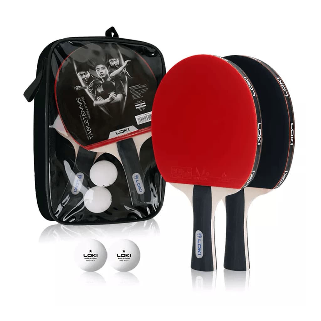 Kit 2 Raquetes 2 Bolinhas Tênis De Mesa Loki K1000 Com Estojo Borracha Aprovadas ITTF Preto/Vermelho