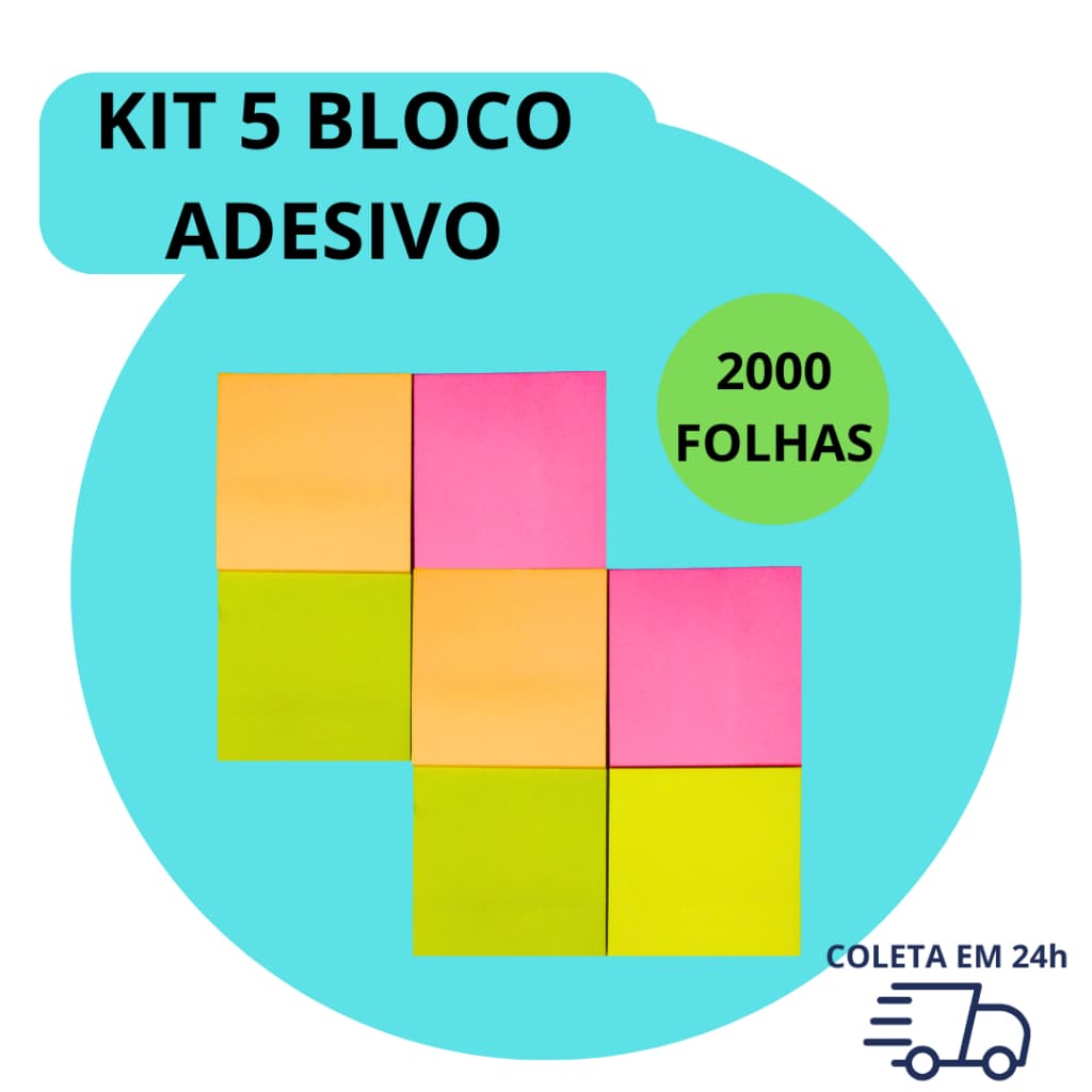5  Bloco Adesivo Para Recado Com 400 Folhas Cada Diferentes Cores Neon 2000 Folhas Colorido