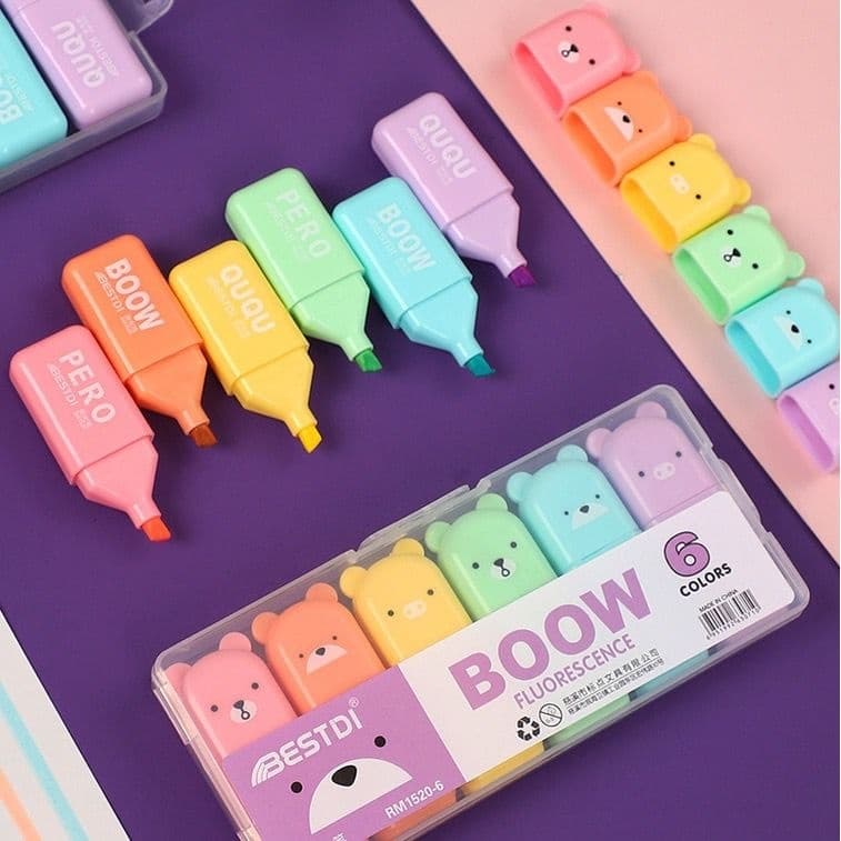 KIT COM 6 Mini Marca Texto Urso Ursinho (RM1520-6) Estojo Com TEXTO BOOW Roxo