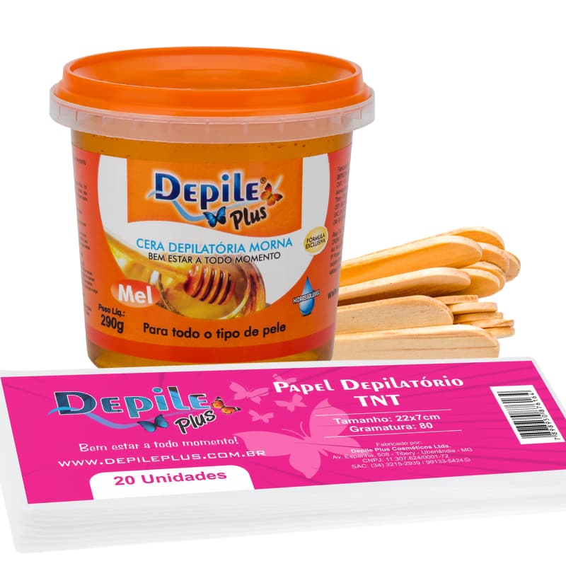Kit Cera Hidrossolúvel 290g + Espátula Larga (Palito) 15 uni. + Papel TNT 20 uni. Depile Plus
