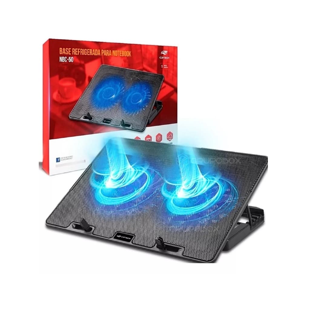 Base Suporte Notebook C3TECH Nbc-50bk"15-15,6"Led 2 Cooler azul vertical fan laptop refrigerado