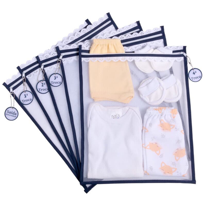 Kit c / 5 Saquinhos Maternidade (Azul Royal) Tule com TAG ACRÍLICA e ZÍPER Organizadores 30x35 cm