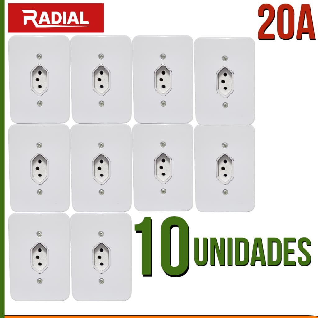 Kit 10un Tomada 20A Simples Completa 110V-220V Radial