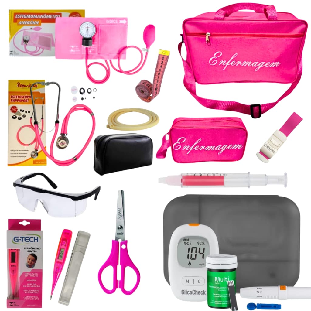 Super Kit de Enfermagem + Aparelho de Pressão + Estetoscópio + Glicosímetro - 12 Itens