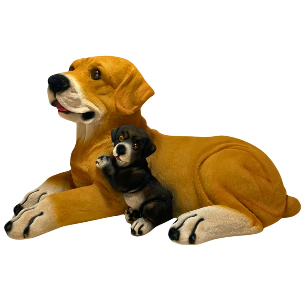 Estatua Cachorro com Filhote Deitado Realista Flocado Com Camurça