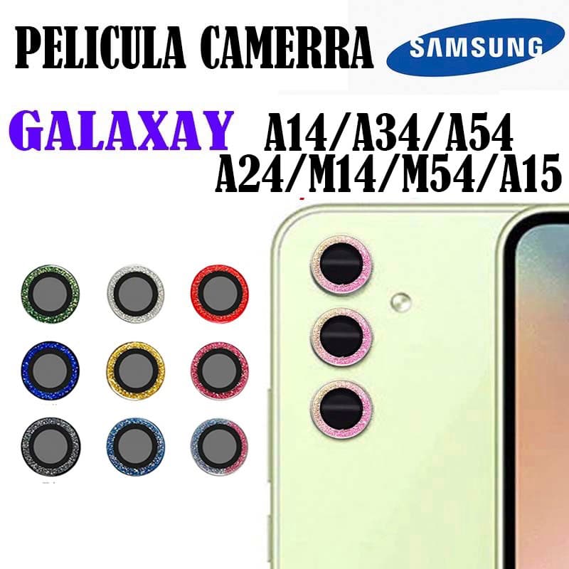 KIT 3 Peças Protetor da Lentes GLITTER Para Galaxy A15/A54/A24/A14/A34/M14/M34/M54 Peliculas de CÂMERA Vidro Temperado