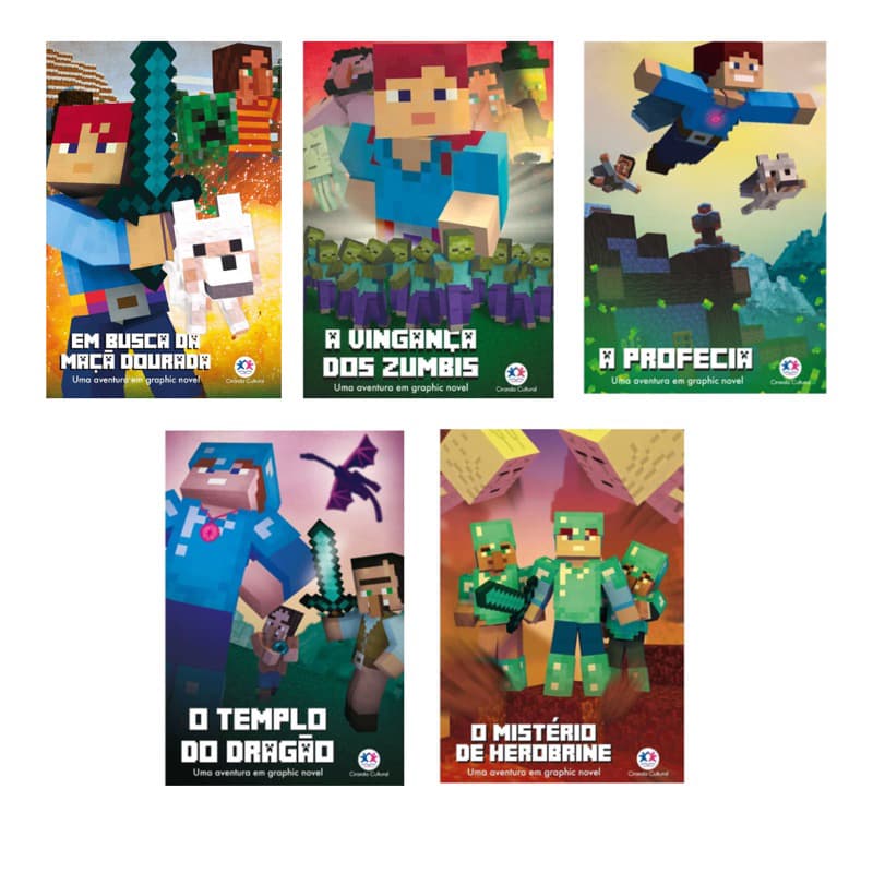 Kit Minecraft 5 livros - Em busca da Maça Dourada + A Vingança dos Zumbis + A Profecia + O Templo do Dragão + O Misterio