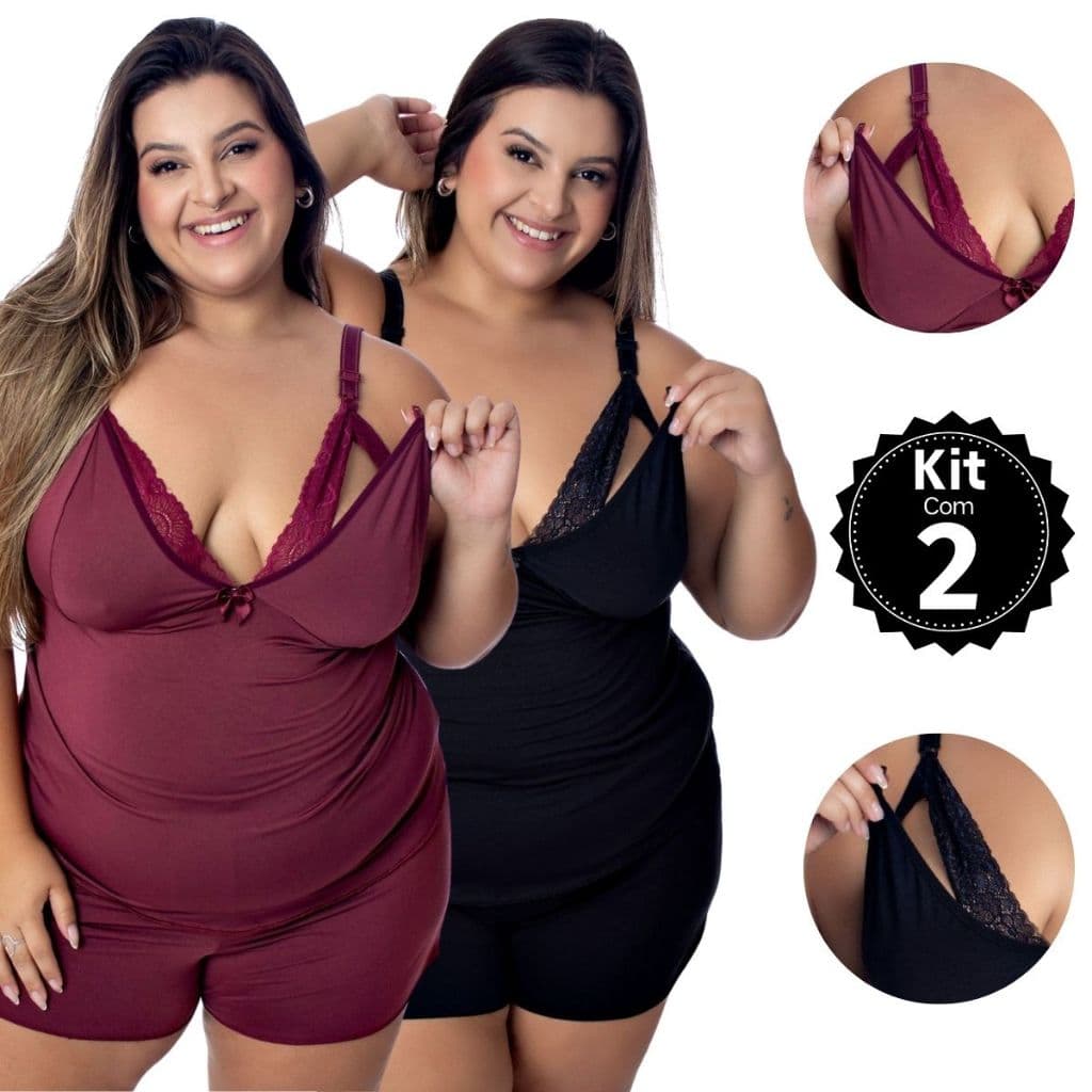 Kit 2 Baby Doll Amamentação Plus Size Pijama Gestante Maternidade pós parto abre fácil