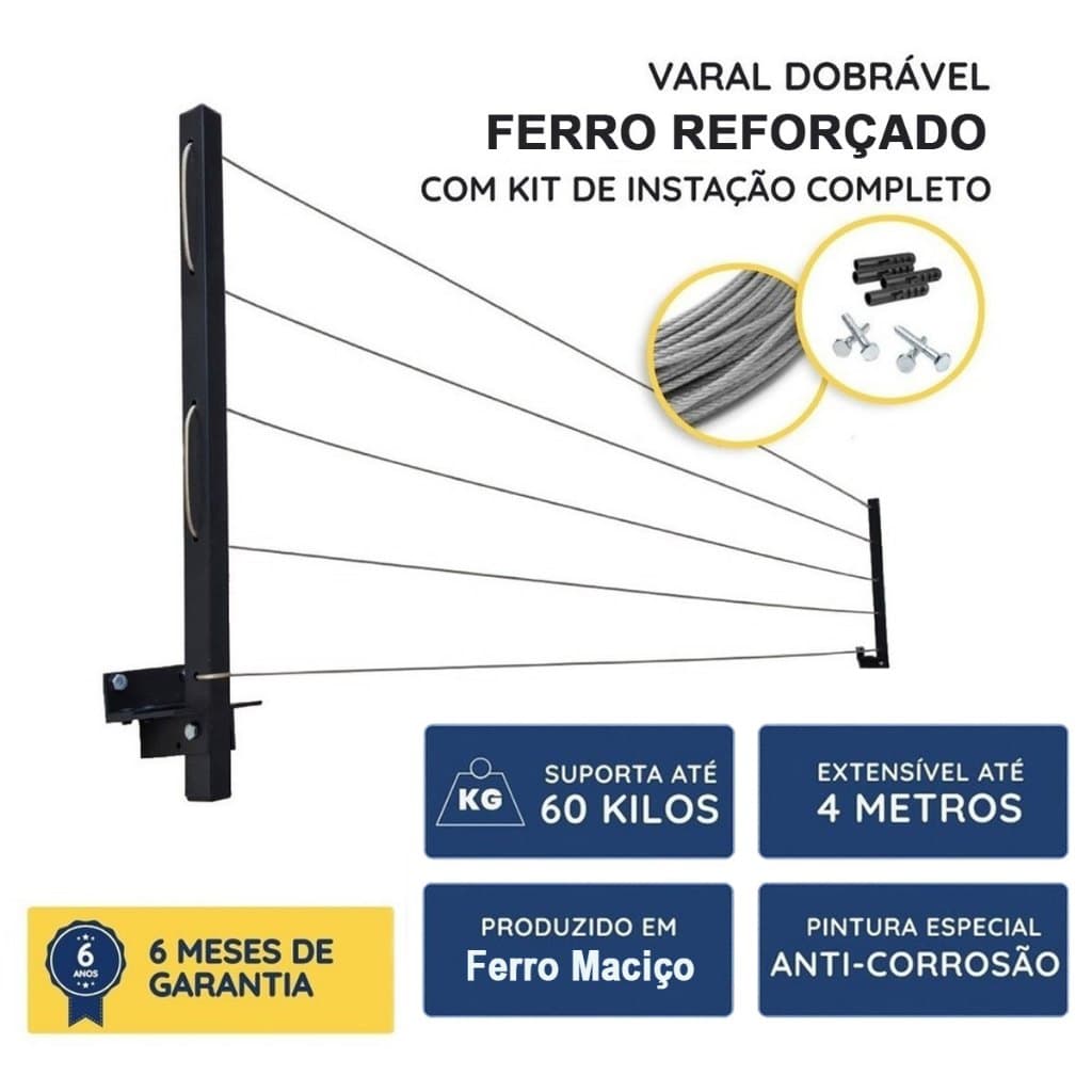 Varal de Parede Retrátil Reforçado em Ferro – Kit de Instalação Incluso / Varal de Roupas Dobrável