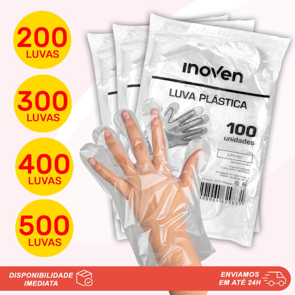Luva Plástica Não Estéril Transparente Tamanho Único Kit Luva Para Tintura e Alimentos Inoven